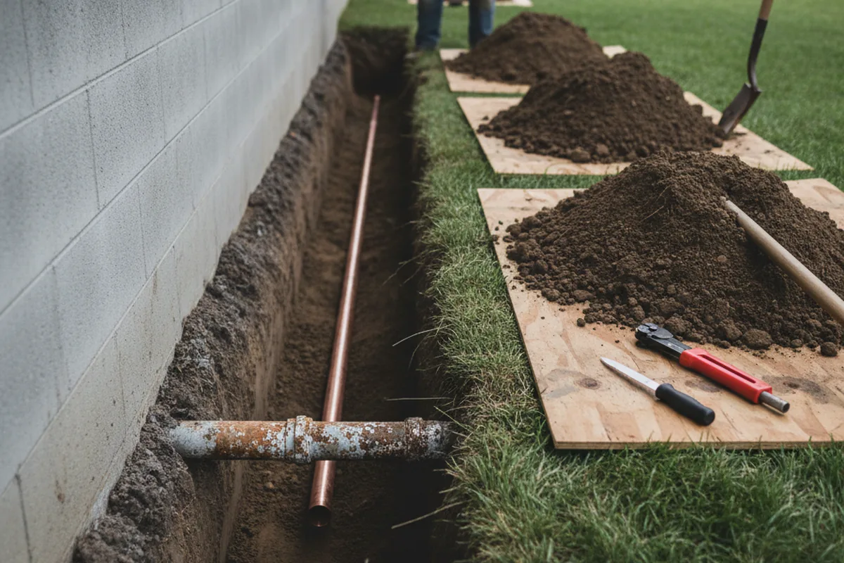 Excavated water line trench during Sewer Line Repair in Pascagoula